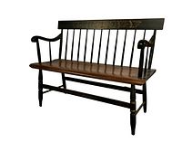 Full front view of the black and gold Hitchcock style bench with wooden seat