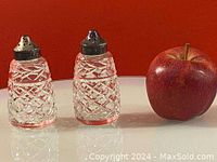 Pair of Waterford crystal salt and pepper shakers next to an apple for scale, showing clear crystal with intricate diamond patterns and silver-tone metal tops.