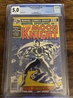 Front cover of Marvel Spotlight #28 comic featuring Moon Knight, graded CGC 5.0 showing clear protective casing and label.