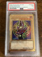 Front of 2021 YuGiOh! 1st Edition Dark Magician PSA graded card showing character art and grading label.