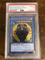 Front side of Yu-Gi-Oh! 1st Edition Magician of Black Chaos card in PSA graded slab showing card art and details