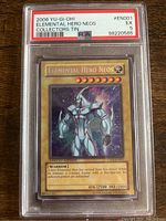 Front view of the PSA graded YuGiOh! Elemental Hero Neos card showing the card artwork, title, attack/defense stats, and grading label with grade EX 5.