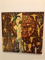 Full view of lacquered plaque showing stylized woman with abstract background.