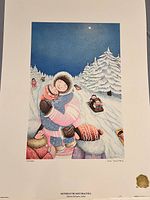 Full view of signed limited edition print showing winter scene with mother and child embracing and children sledding.