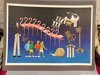 Full view of the original vintage illustration showing flamingos, children, a cow, furniture elements and other surreal details on blue gradient background