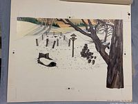 Front view of the original vintage illustration showing a snow-covered rural scene with a raccoon, tree, stacked firewood, and fenced enclosure under a colorful sky.