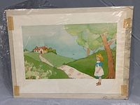 Full view of original illustration, showing the scene of the girl by the tree and path leading to the house on a hill.
