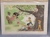 Full view of the original vintage illustration showing children playing near a tree, including a girl on a tire swing and others engaged in play and reading.