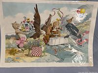 Full view of the vintage original illustration showing animals at a tea party outdoors with a scenic background, all under protective plastic.