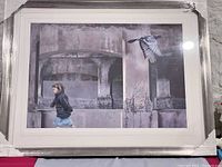 Framed limited edition print showing full artwork of girl and bird against industrial backdrop, wrapped from framer and covered by glass.