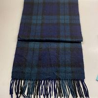Full view of the scarf folded to show the blue and black checkered pattern with fringed ends.