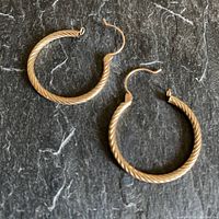 Pair of twisted pattern 10K gold hoop earrings on dark surface, showing overall size and closure style.