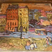 Full view of the scarf depicting the abstract European village with colorful buildings and water detail.