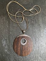 Full view of the necklace showing the oval walnut pendant with silver bezel and silver snake chain.