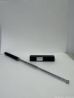 Telescopic metal outdoor walking tool with black handle shown extended against plain background