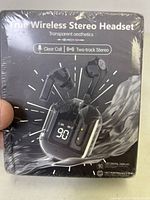 Front view of the sealed box of True Wireless Stereo Headset showing the earbuds and transparent charging case with LED display.