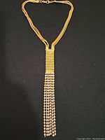 Full view of the gold finish necklace showing multi-strand chain and long jeweled tassel pendant.