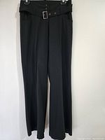 Full view of black dressy pants hanging, showing full length and shape.