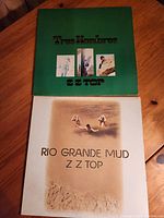 Photo of two ZZ Top vinyl albums: Tres Hombres with a green cover and Rio Grande Mud with an off-white cover showing desert imagery.