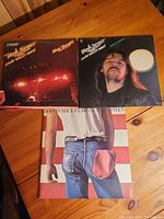 Photo showing three Bob Seger and Silver Bullet Band vinyl record albums titled 'Nine Tonight,' 'Night Moves,' and 'The Distance' on a wooden table surface.