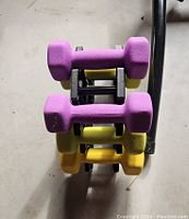 Top view showing the three pairs of neoprene dumbbells stacked vertically in the holder, separated by weight color.