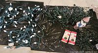 Photo of two unopened boxes and three green wire string light strands with white bulbs spread out on a black surface.