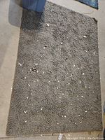 Full view of the grey pile rug showing size and texture, some debris present on surface.