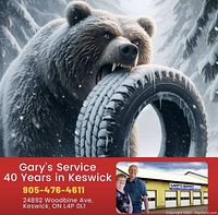 Promotional card with bear biting a tire, displays Gary's Service name, phone, address