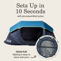 Blue and black Coleman pop-up tent, folded flat for storage and transport, showing easy 10 second setup with pre-assembled poles.