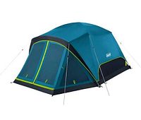 Exterior photo of blue-green rectangular Coleman tent with screened front room and logo visible.