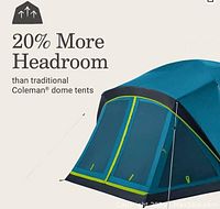 Photo of blue rectangular Coleman dome tent highlighting 20% more headroom than traditional models.