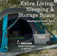 Exterior view of tent showing extra living space with weatherproof screen room and wide door for gear access.