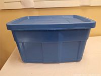 Blue Rubbermaid Roughneck storage tote with lid on side.