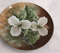 Close-up image of front face of ceramic plate with detailed handpainted Trillium flowers and leaves in white, green, and brown tones. Signature of artist 'K Miller 1984' visible.