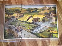 Front side of the poster showing a detailed rural landscape with people, vehicles, river, and animals