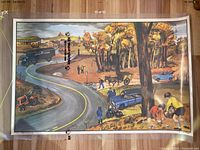 Autumn side of the double-sided poster showing fall trees, people, vehicles, and a rural road.