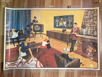 Photo of the living room side of the poster with people near fireplace and TV