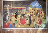 Front side showing the menagerie scene with caged animals, visitors, and a dancing woman