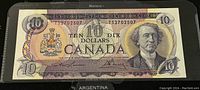 Front side of the 1971 Canadian 10-dollar banknote showing the portrait of Sir John A. Macdonald and all main features.