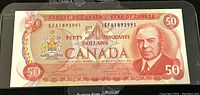 Front side of the 1975 Canadian $50 banknote showing the portrait and denomination.