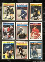 Nine 1982-83 O-Pee-Chee NHL player collectible trading cards displayed on black background. Cards feature players from Bruins, Nordiques, Penguins, Capitals, Rangers, Red Wings, Blues, Canucks, Oilers. All cards in great shape as seller stated.