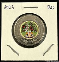 Reverse side of the 2023 Canadian two-dollar coin featuring coloured National Indigenous Peoples Day design in centre on silver outer ring