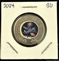 Obverse side showing the colored Royal Canadian Air Force commemorative design with aircraft, forest, Canadian maple leaf, and denominations.