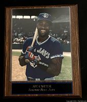 Full front view of signed Joe Carter photo plaque with nameplate