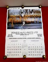 Calendar page for January and February 2003 showing an image of Mallards Flying and calendar days below. Held on wall with brass tacks.