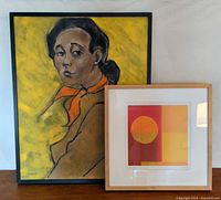 Two artworks displayed together, showing the vintage acrylic portrait and the smaller framed abstract print