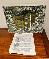 Full view of the original abstract mixed media painting with accompanying artist statement sheet describing inspiration and intent.