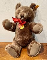 Front view of brown Steiff teddy bear sitting upright showing red ribbon bow and ear button tag