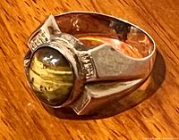 Angle view of entire ring showing tiger's eye cabochon set in gold bezel.