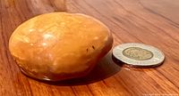 Photo showing the large, smooth butterscotch amber piece next to a coin for size reference.